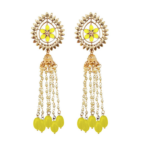 Yellow Dangler Earrings - Zinc Alloy, Imitation Pearl , Ethnic Design with Shining Stones, Perfect for Festive Occasions and Comfortable Wear