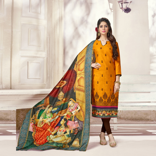 Mustard Fancy Embroidery Work Suit With Digitally Printed Dupatta