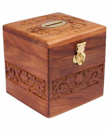 Wooden Coins Storage Box, Money Bank With Carving Work And Lock. Piggy Bank For Kids, Gift For Christmas Or Birthday