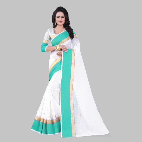 Cotton Embellished Saree - White and Green | Elegant Design with Matching Blouse Piece, Perfect for All Seasons