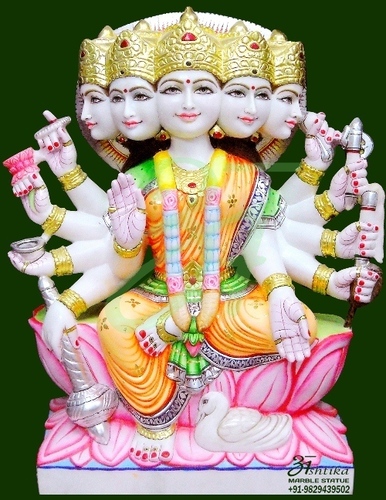 Gayatri Mata Marble Idol - Handcrafted Polished Marble, White, Five Faces | Detailed Carving, Charming Colors, Spiritual Focus