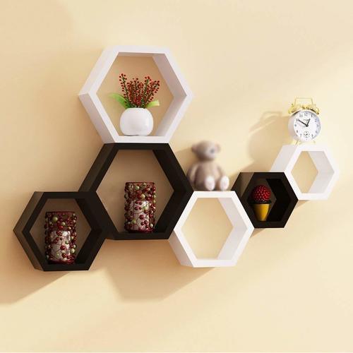 hexagon shape floating wall shelves set of 6 (black&white) Home Décor gift Item hexagon shape floating wall shelves set of 6 (black&white) Home Décor gift Item