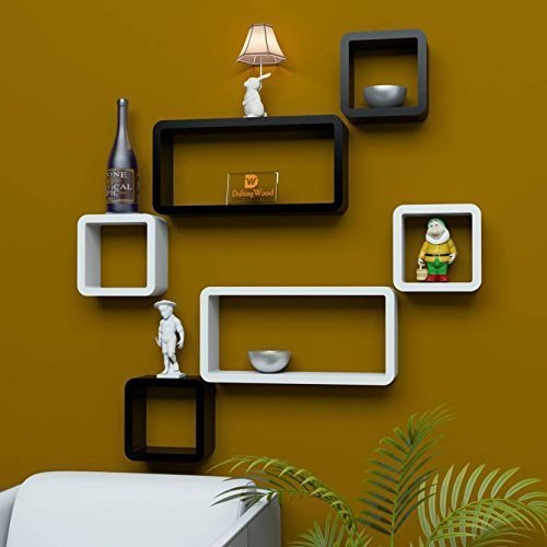 Wood Rack Black and White Wall Wooden Wall Shelf (Number of Shelves - 6, Black, White)