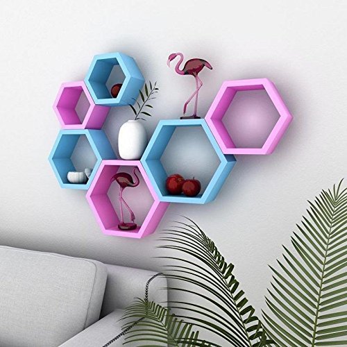 Wall Shelf Rack Hexagon Shape Storage Wall Shelves - Blue & Pink Set Of 6