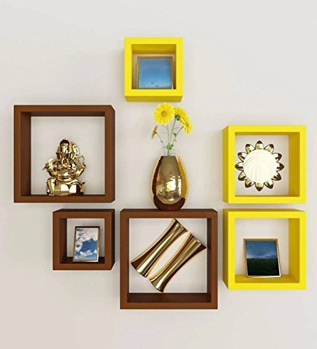 Brown & Yellow Decorative 6 Pcs Set Wooden Wall Shelf (Number of Shelves - 6, Multicolour
