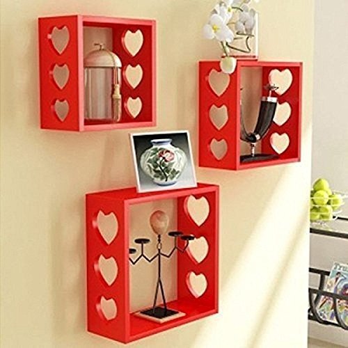 Wooden Wall Shelf (Number of Shelves - 3, Red)