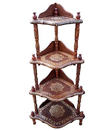 Wooden 4-Shelf Corner Rack with Fine Jali Copper Brass Work