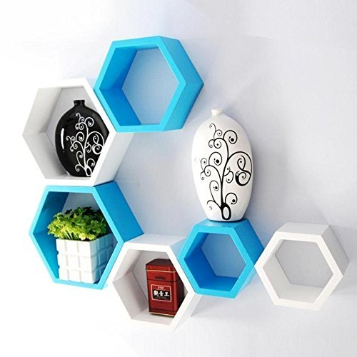 hexagon shape floating wall shelves set of 6 (blue and white) Home DACcor gift item