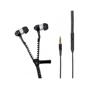 Zip Style Earphones With Mic High Treble - Black, 120cm Cable, 3.5mm Connector, Zipper Design, Tangle-Free, Mic Included