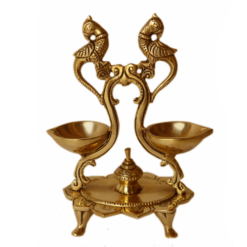Golden Unique Table Diya With Parrot Design Of Two Wicks Made Of Brass Lamp