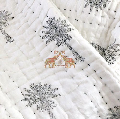 Kantha Quilt Cotton Grey Palm Tree