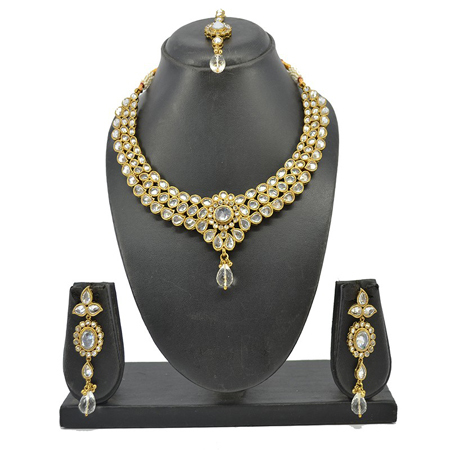 Antique Gold Reverse White American Diamond Neclace Set