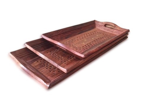 Wooden Coffee Tray Set Of 3 ( Handcarved Coffee, Tea And Snacks Serving Trays ) - (18X10X4 Inches)