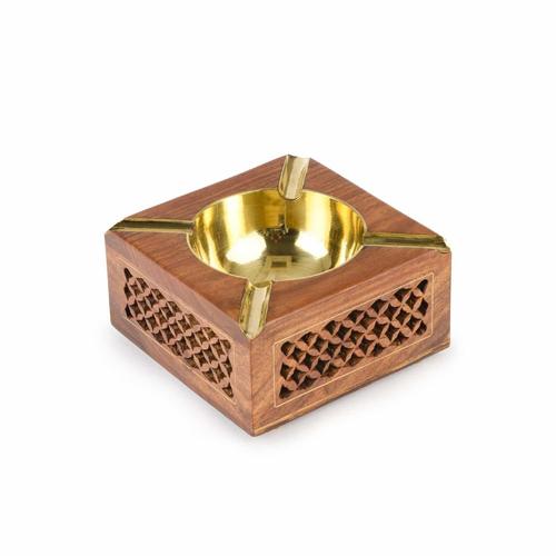 Wooden Ash Tray - 4 in x 4 in - Square Meshwork Ashtray with Circular Brass Bowl & Carving W-40124-A