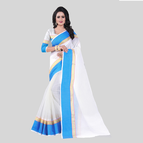 Cotton Embellished Saree - Elegant Plain Design in White and Blue , Matching Cotton Blouse Piece for All Seasons