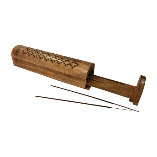 Agarbatti Box - Solid Wood 12x2x2.5 Inch | Natural Pine Color Vertical Open Style Sliding Stand Top Lock Handle Finished Surface