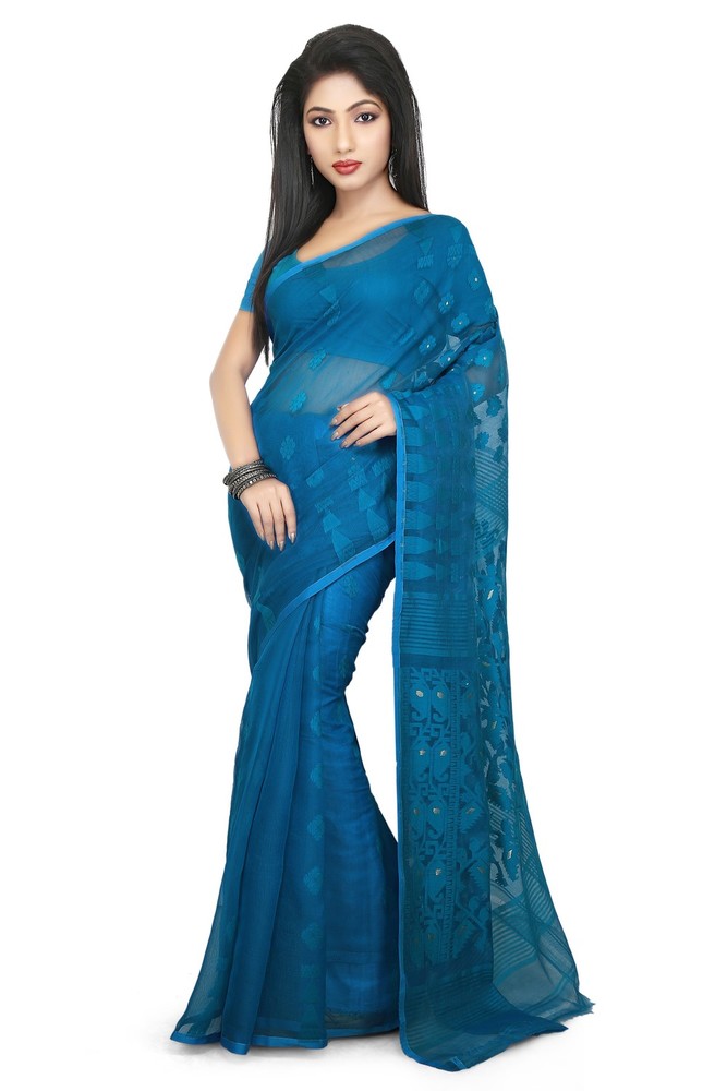 Blue Buymyethnic Embroidered Jamdani Handloom Silk Cotton Blend Saree (Blue)