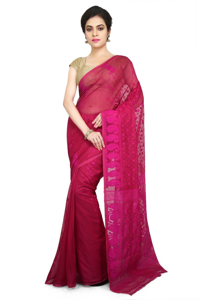 Magenta Buymyethnic Embroidered Jamdani Handloom Silk Cotton Blend Saree (Magenta)