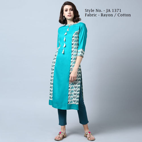 Green Cotton Embroidered Kurtis