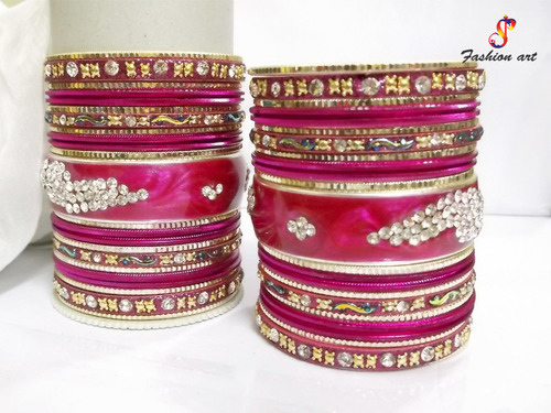 Hot Pink Colour Fancy Metal Bangle Set Studded with Stones