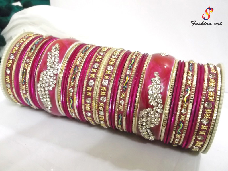 Hot Pink Colour Fancy Metal Bangle Set Studded with Stones