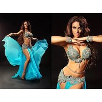 Belly Dancing Dress - Georgette Material, Custom Size, Blue Color | Beaded Decoration, Sleeveless Style, Overall Pattern, Handwork Technique