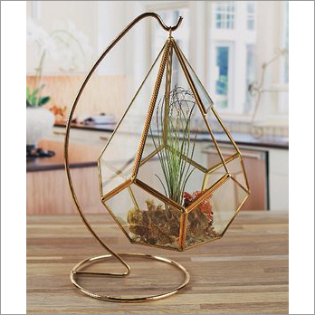 Gold Terrarium - 10x5x5 Inches | Metal Plated Design, Artificial Plants, Decorative Theme