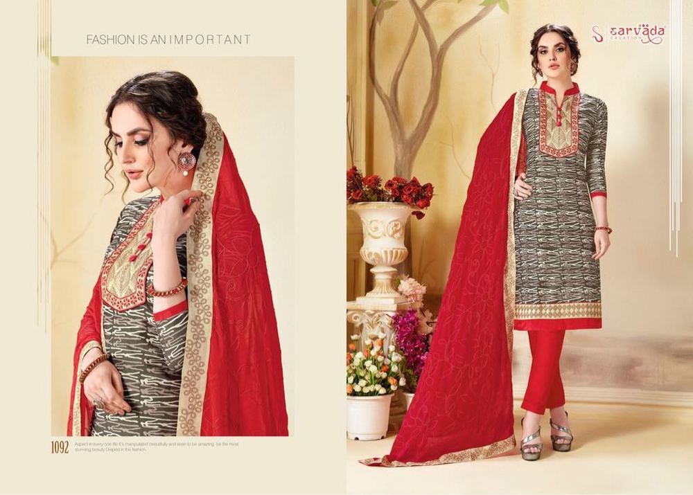 Red And Gery Cotton Dupatta Suit Material