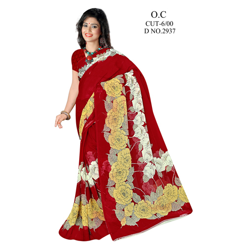 Ladies Trendy Chiffon Sarees - Chiffon, 5.5 Meters, Red | Lightweight, Floral Design, Elegant Soft Feel