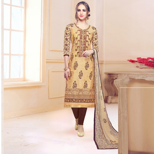 Designer Cotton Embroidered Unstitched Straight Suit - Free Size Up to Chest 42, Cream Color, Full Sleeves, Anti-Wrinkle and Breathable Fabric, Includes Matching Chiffon Dupatta & Cotton Bottom