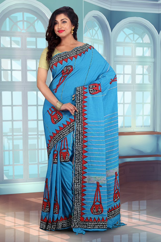 Blue Buymyethnic Woven Tant Cotton Saree (Blue)