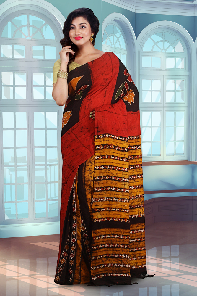 Red Buymyethnic Woven Tant Cotton Saree (Red)