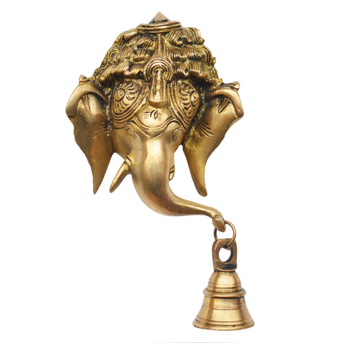 Yellow Decorative Wall Hanging Ganesha Face Hanging With Bell Hand Made Brass Decor Art