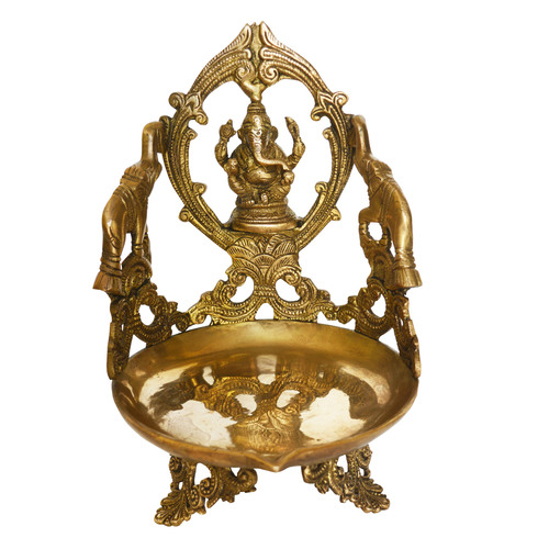 Brass Metal made Ganesha sculpture with Diya Urli Pot Decorative Urli for Decor