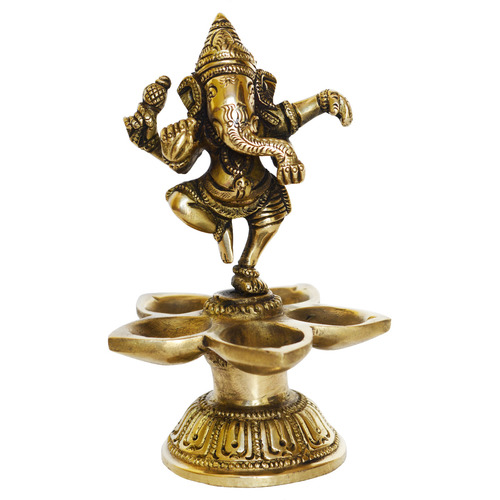 Golden Dancing Ganesha Idol Brass Oil Lamp Diya Pooja Deepak Diya