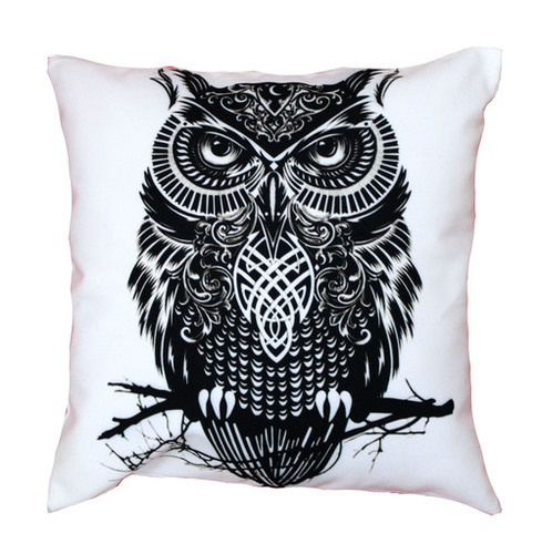 Owl Design Cushion Cover - Poly Cotton 40x40 cm (16x16 inches) , White Color, Digital Printed Pattern, Square Shape, Zipper Closure