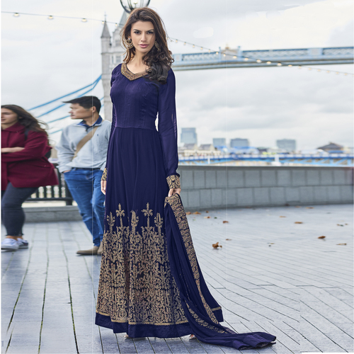 Heavy Embroidered Semi-Stitched Anarkali Gown - Poly Georgette, Free Size Up to Chest 42 | Blue with Matching Nazneen Dupatta, Anti-Wrinkle, Breathable, Elegant for All Occasions