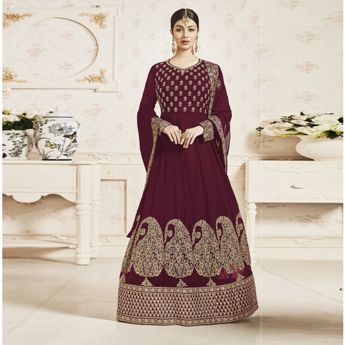 Maroon Semistitched Embroidery Work Churidar Suit