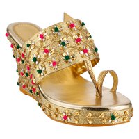 Embroidered Footwear - Leather & Textile, Size 6-10, Gold | Slip-on, Comfortable Fit, Elegant Design, Durable, Hand Embroidery, 3-inch Heel