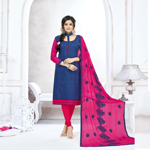 Blue Latest Plain Cotton Embroidered Salwar Suit