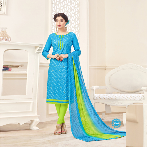 Sky Blue And Green Fancy Cotton Embroidered Salwar Suit