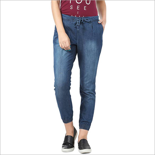 Ladies Jogger - Denim Material, Slim Fit, Dark Blue with Light Blue Wash , Adjustable Waist Rope, Ankle Length