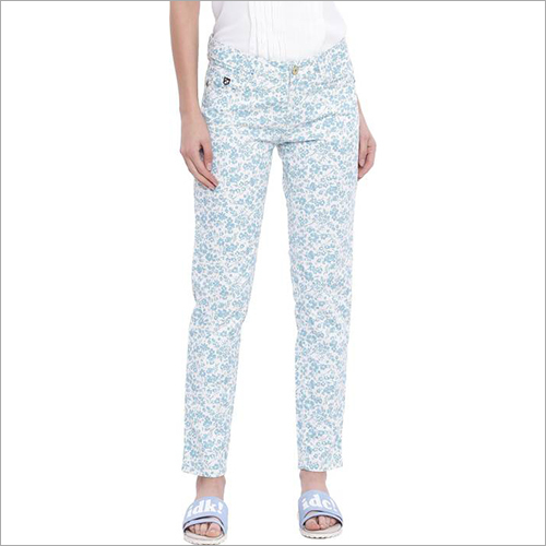 White And Sky Blue Ladies Printed Slim Cotton Pent