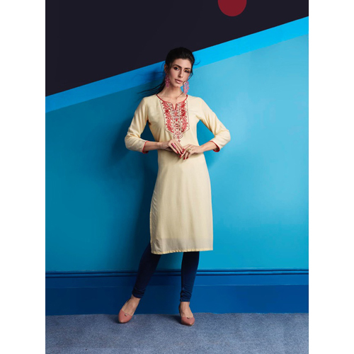 Ladies Beige Rayon Embroidered Work Kurtis