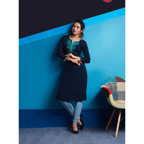 Ladies Blue Rayon Embroidered Work Kurtis