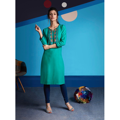 Ladies Greenish Rayon Embroidered Work Kurtis