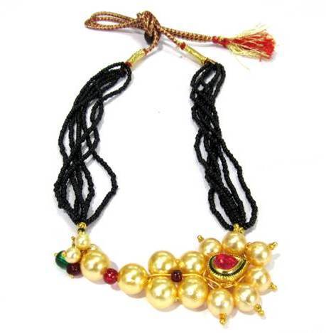 Maharashtrian Pearl Nath Mangalsutra - Alloy Short Size Lightweight with Nacrous Stones Gold Plated Strings & Black Tiny Pearls