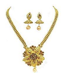 Golden Short Floral Pendant Necklace Set - Gold Plated Metal, Pearls & Stones , Intricate Floral Design, Alluring Craftsmanship for Celebrations
