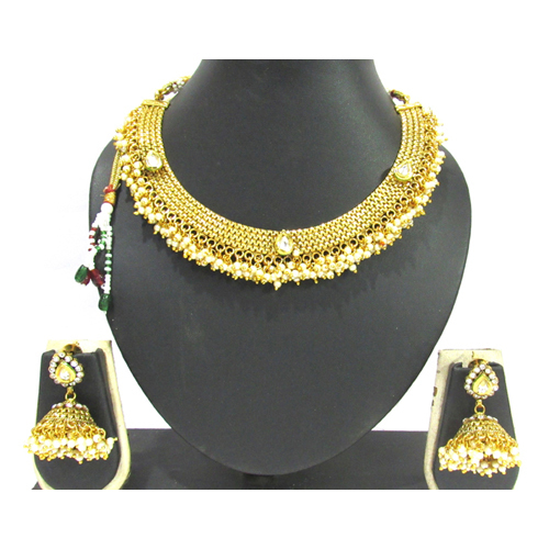 Copper White Stone Ghungru Jhumka Necklace Set - Alloy, Short Size, Copper Color | Features Precious Stones, Pearls, and Stunning Design for Events