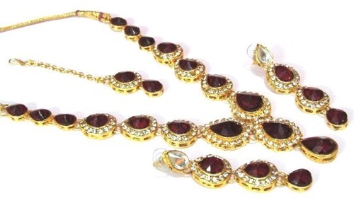 Artificial Necklace - Golden Plated Stone Necklace Set , Short Size in Maroon with Eye-Catching Design and Lightweight, Skin-Friendly Nature